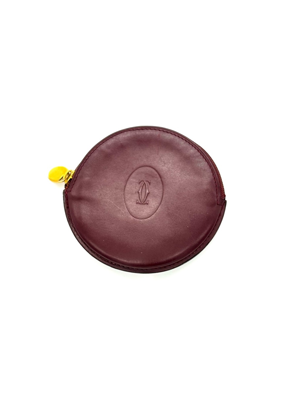 Cartier Burgundy Round Leather Key & Card Pouch with Gold Zip Pull